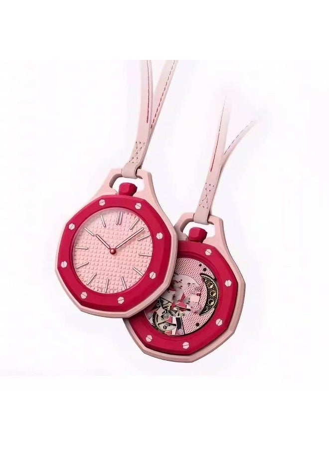 Stylish Pink Octagonal Mechanical Pocket Watch – Artistic Fashion Pendant Watch with Leather Strap | Modern Geometric Design Timepiece, Vintage-Inspired Collectible Accessory | Elegant Gift for Men and Women | Creative Mechanical Pocket Watch, Bag Hanging Charm, Backpack Pendant Accessory for Everyday Style - Image 1