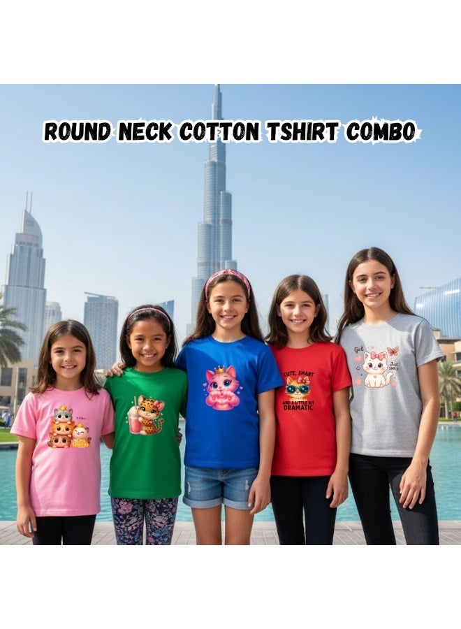 برينت شوب فور مي عبوة من ٥ تيشيرتات للبنات | تيشيرتات قطنية مطبوعة | رقبة دائرية وأكمام قصيرة | ملابس يومية ناعمة ومريحة للفتيات الصغيرات | مثالية للمدرسة والأنشطة الخارجية - Image 3