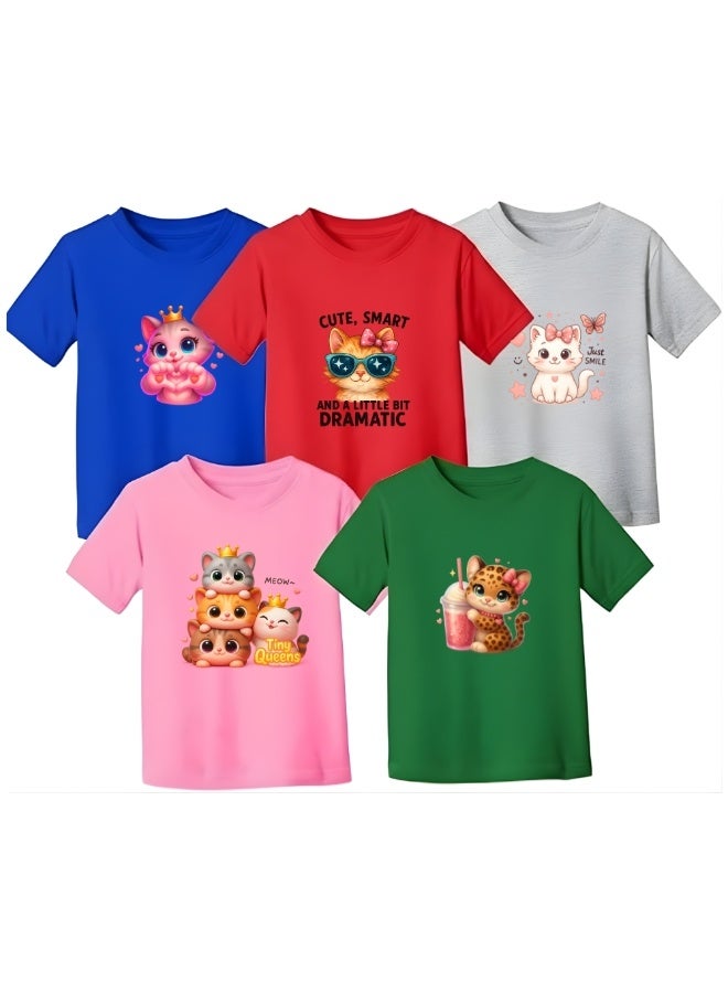 برينت شوب فور مي عبوة من ٥ تيشيرتات للبنات | تيشيرتات قطنية مطبوعة | رقبة دائرية وأكمام قصيرة | ملابس يومية ناعمة ومريحة للفتيات الصغيرات | مثالية للمدرسة والأنشطة الخارجية - Image 1