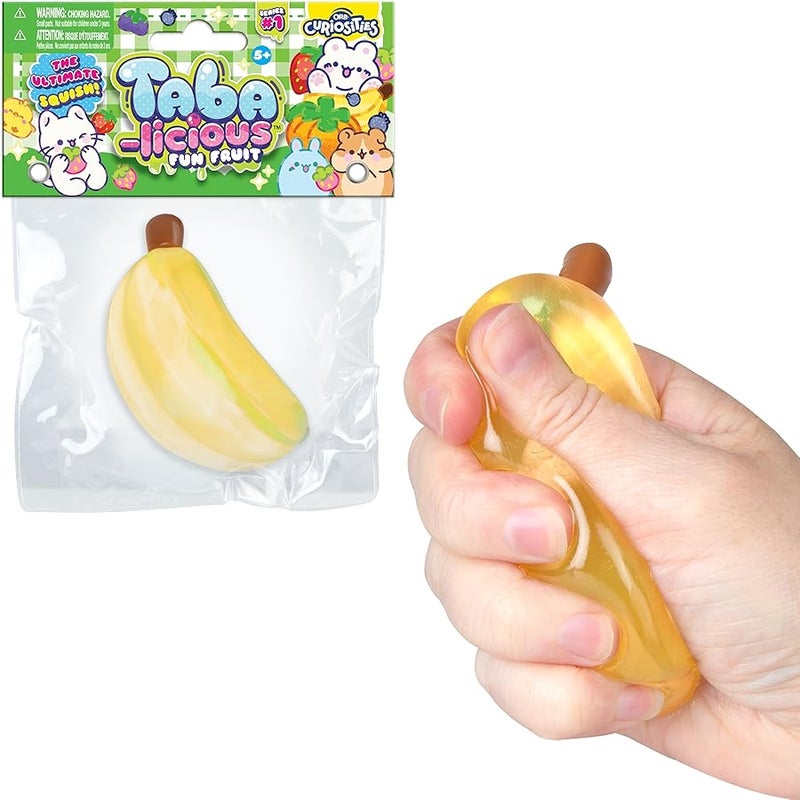 The Orb Factory ORB Tabalicious TABA Squishy Banana Fun Fruit Toy - Cute, Sticky Fruit TABA Squishies with Transparent Realistic Color – Squishy Stress Ball Toys - Kawaii Sensory Fidget Toys for Kids and Adults - Image 1