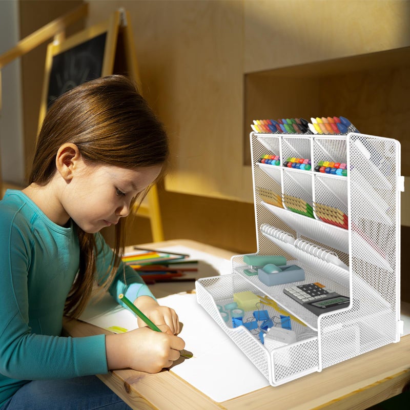 BOHDK Pen Organizer for Desk, Multi-Functional Desk Organizer, Wall Mount Pen Holder with Drawer for School, Office, Home, Art Supplies, White - Image 5