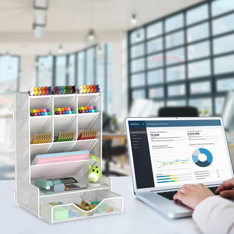 BOHDK Pen Organizer for Desk, Multi-Functional Desk Organizer, Wall Mount Pen Holder with Drawer for School, Office, Home, Art Supplies, White - Image 4