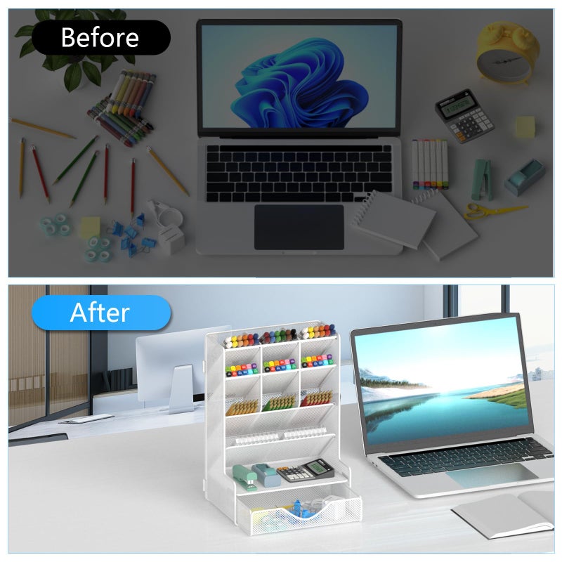 BOHDK Pen Organizer for Desk, Multi-Functional Desk Organizer, Wall Mount Pen Holder with Drawer for School, Office, Home, Art Supplies, White - Image 3