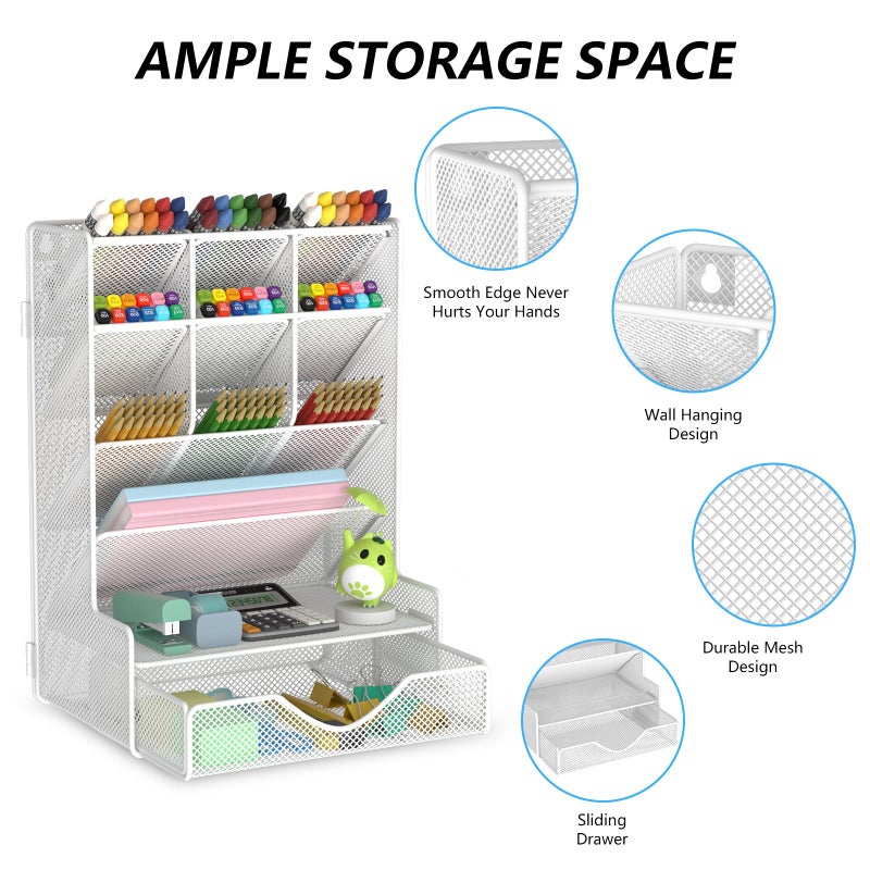 BOHDK Pen Organizer for Desk, Multi-Functional Desk Organizer, Wall Mount Pen Holder with Drawer for School, Office, Home, Art Supplies, White - Image 2