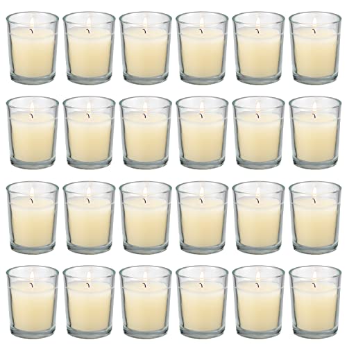flamecan 24 Pack Clear Glass Filled Ivory Votive Candles. Unscented Votive Candles for Home Décor Spa Weddings Birthdays Holidays Party - Image 1
