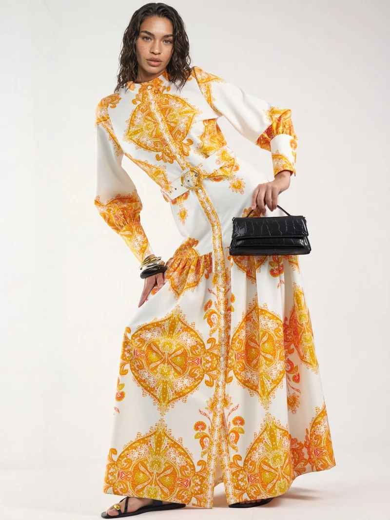 Jennyfer Paisley Print Belted Maxi Dress with Shirt Collar