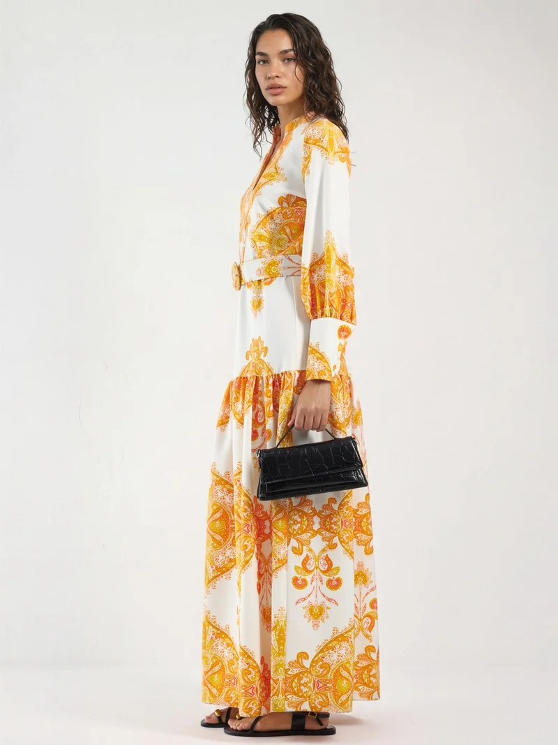 Jennyfer Paisley Print Belted Maxi Dress with Shirt Collar