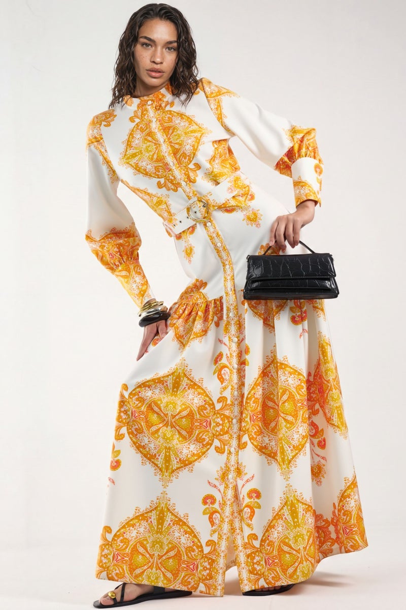 Jennyfer Paisley Print Belted Maxi Dress with Shirt Collar - Image 1