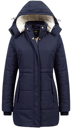 CREATMO US Women's Snow Coat Windproof Waterproof Parka Puffer Ski Quilted Jacket With Removable Hood Navy Blue L - Image 1