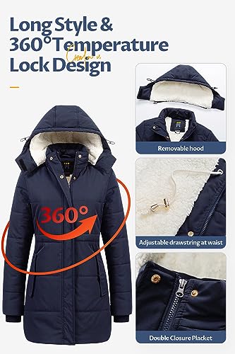 CREATMO US Women's Snow Coat Windproof Waterproof Parka Puffer Ski Quilted Jacket With Removable Hood Navy Blue L - Image 5