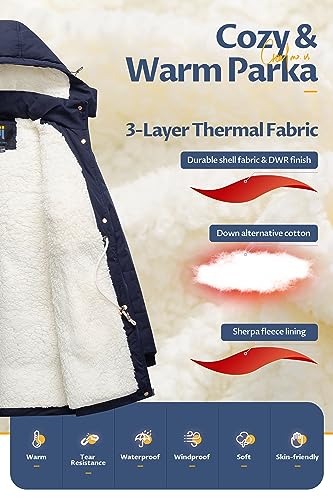 CREATMO US Women's Snow Coat Windproof Waterproof Parka Puffer Ski Quilted Jacket With Removable Hood Navy Blue L - Image 3