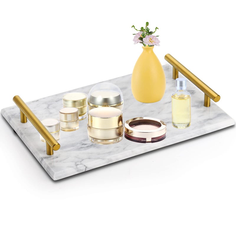 DEAYOU Marble Tray with Gold Handles White Marble Stone Decorative Tray 12 Nightstand Serving Tray with Metal Handle Catchall Key Perfume Tray Pastry Food Board for Vanity Coffee Table Desk