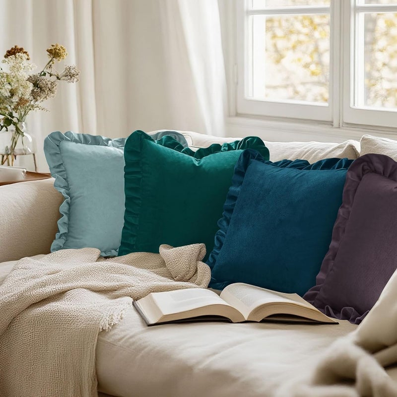 JIUZHEN Throw Pillow Covers for Couch Sofa Livingroom Bed, Pack of 2 Velvet Decorative Soild Throw Pillow Covers with Ruffles, 22x22 Inch, Lavender - Image 5