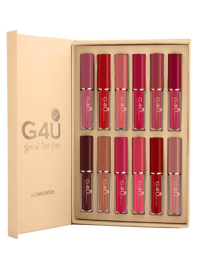 جي 4 يو مجموعة أحمر شفاه G4U غير لامع يدوم طويلاً ومقاوم للماء، 12 قطعة | مقاوم للتلطخ | لا يترك أثراً | مكياج شفاه للنساء - Image 1