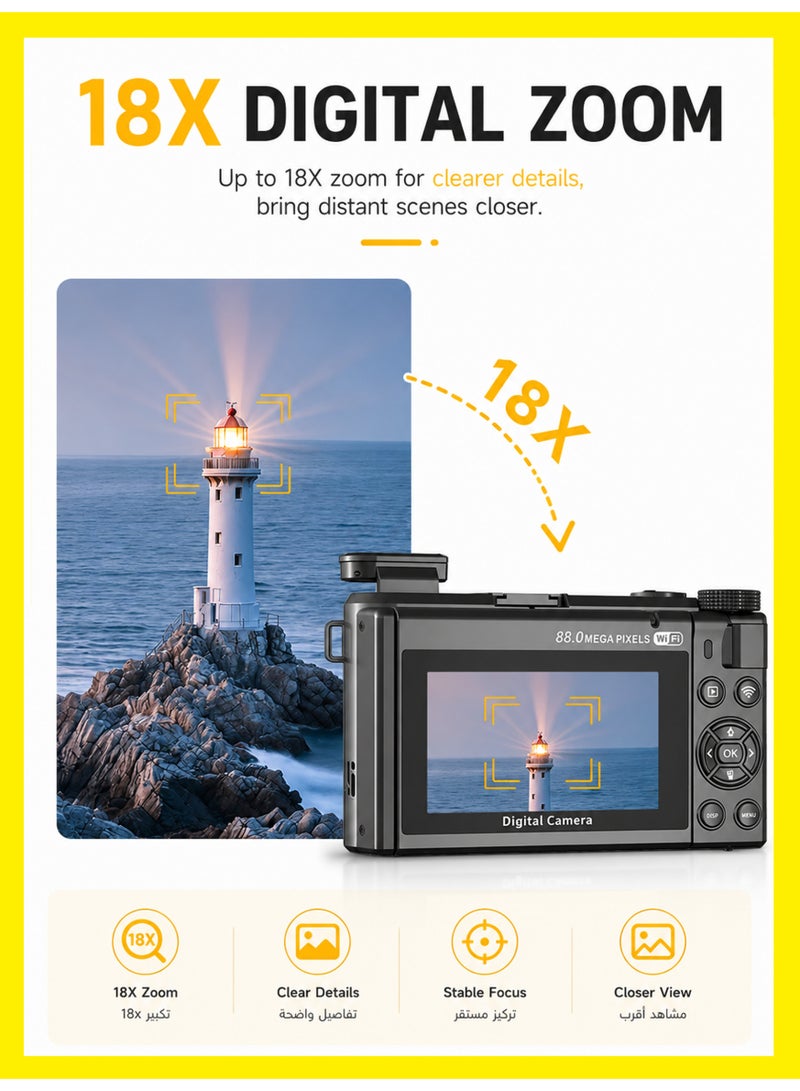 BASEMENT-1 8K Digital Camera 88MP Vlogging Camera with 3.0" 180° Flip Screen, AF Autofocus, 18X Digital Zoom, Built-in Flash, 19 Filters, 9 Shooting Modes, 128GB Memory Card & Wide Angle Lens Included - Image 4