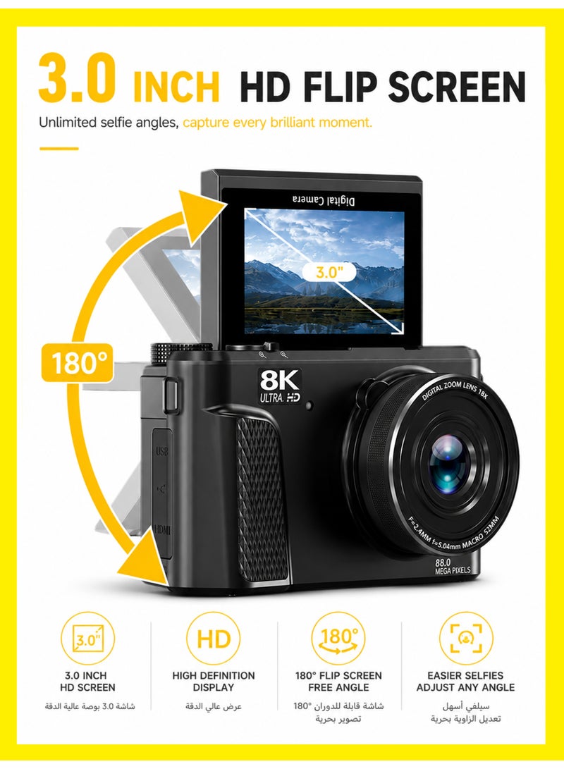 BASEMENT-1 8K Digital Camera 88MP Vlogging Camera with 3.0" 180° Flip Screen, AF Autofocus, 18X Digital Zoom, Built-in Flash, 19 Filters, 9 Shooting Modes, 128GB Memory Card & Wide Angle Lens Included - Image 3