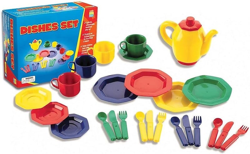 Educational Insights 25-Piece Dishes Set for Kids - Colorful Play Tea Set with Plates, Cups, Utensils, and Teapot - Image 1