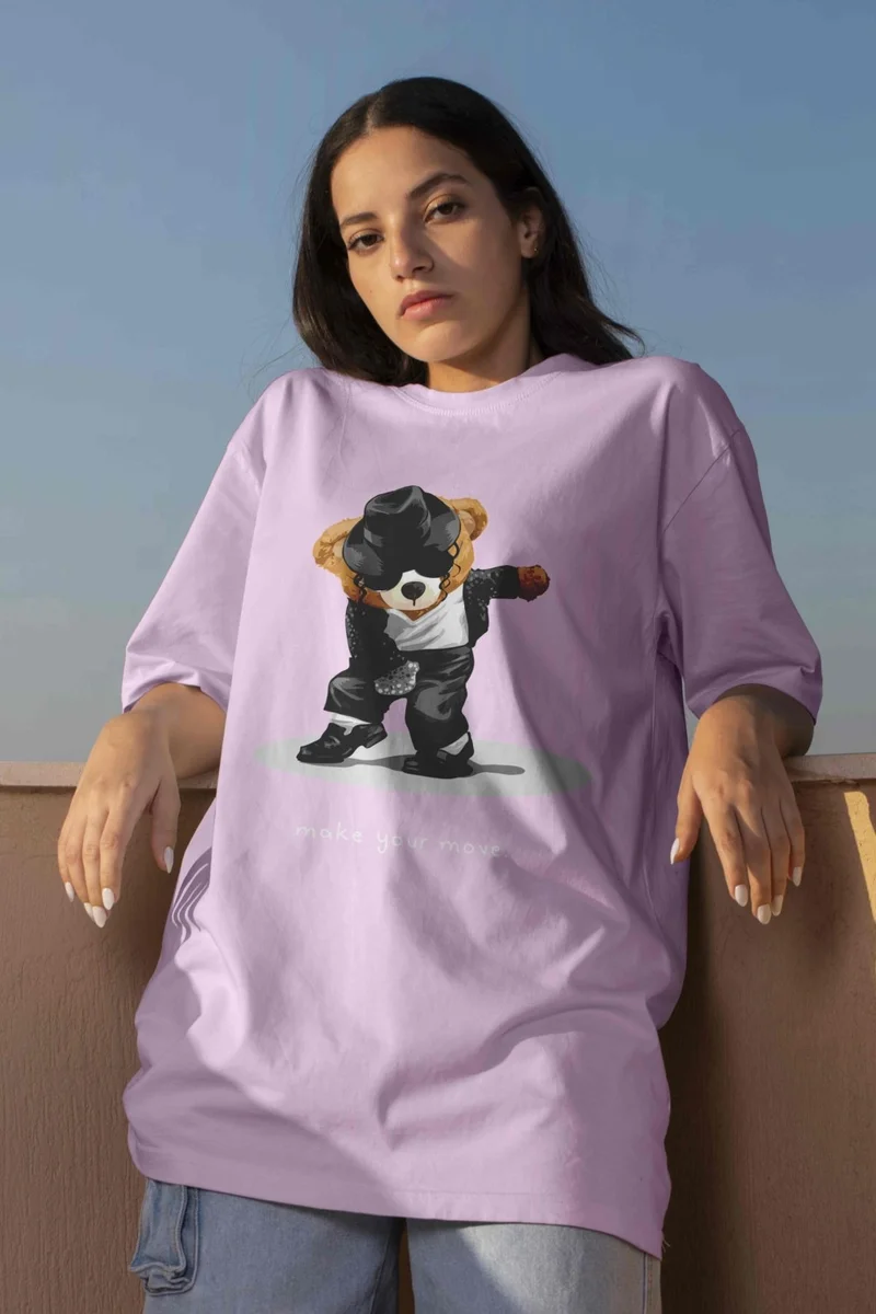 DogFish Teddy Printed Women's Oversize Pink T-Shirt