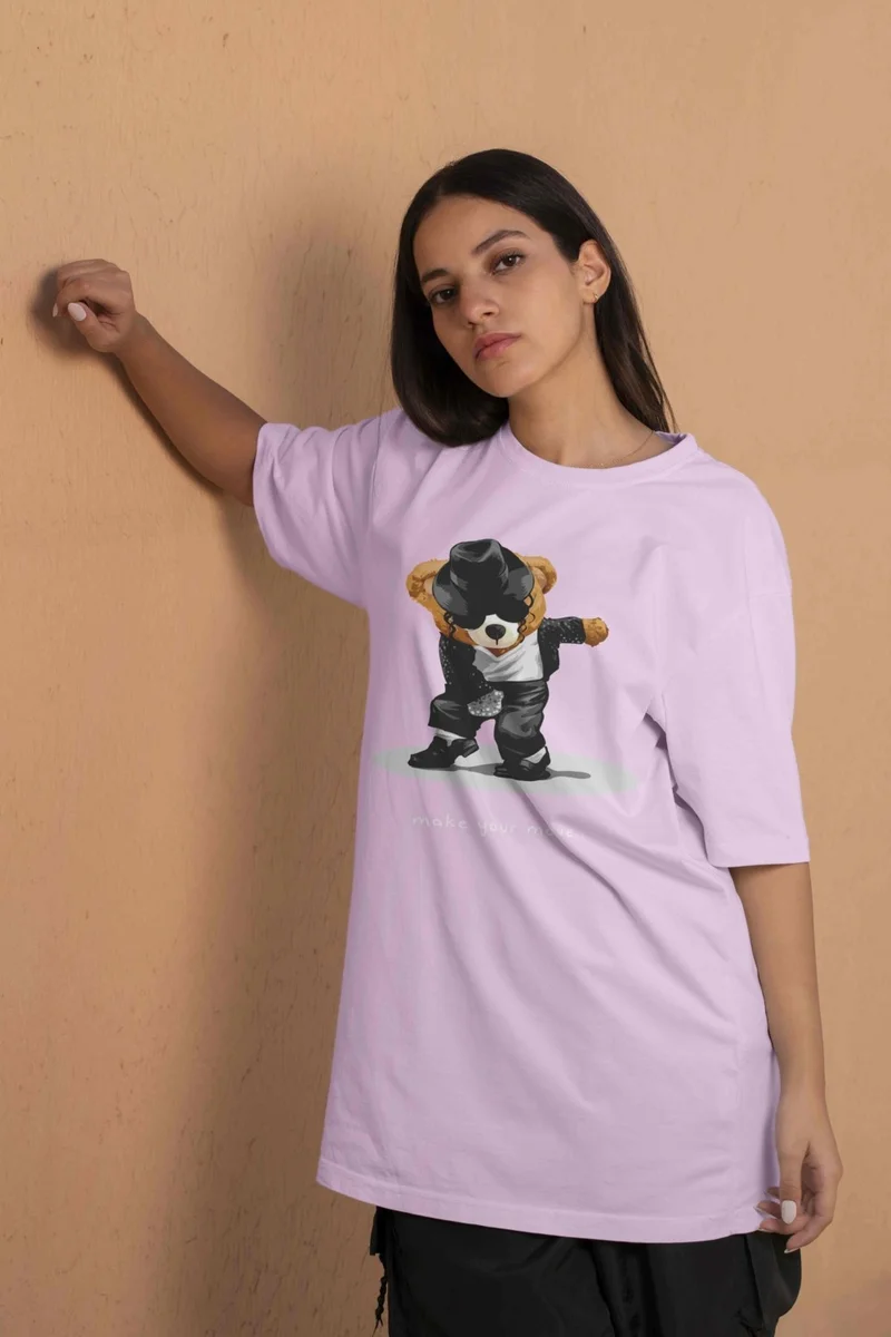 DogFish Teddy Printed Women's Oversize Pink T-Shirt