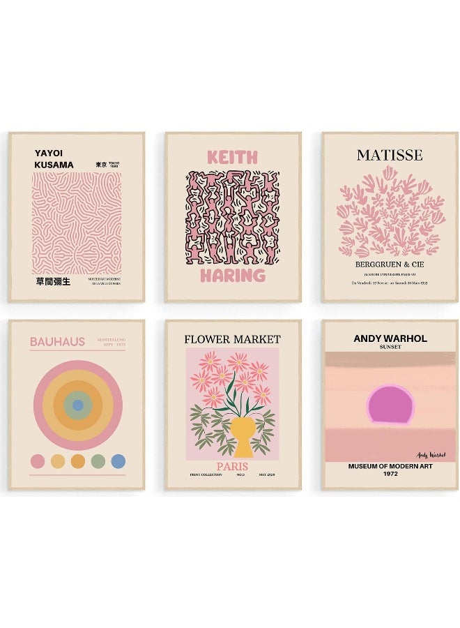 Matisse Wall Art Prints, Abstract Matisse Wall Art Exhibition Posters, Minimalist Pink Matisse Flower Market Yayoi Kusama Mix Gallery Wall Art, Boho Canvas Art Prints Beige Pink Room Decor for Room