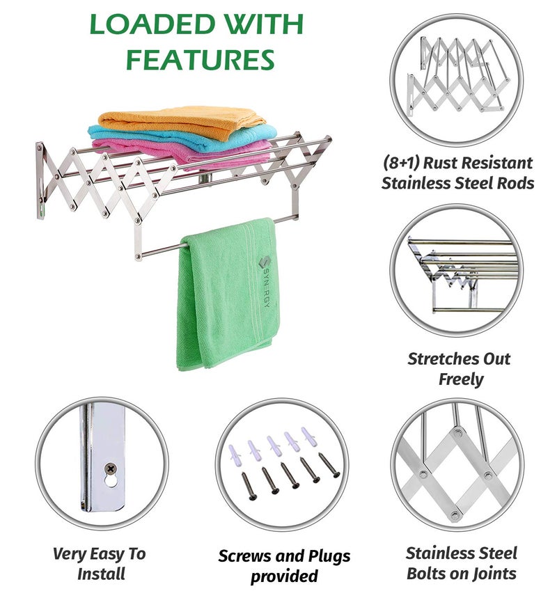 Synergy - 9 Rods - Premium Heavy Duty Stainless Steel Clothes Drying Stand Wall Mounted | Cloth Hanging Stand | Clothes Drying Stand for Balcony | Foldable Cloth Hanger for Drying [SY-CS6] - Image 5