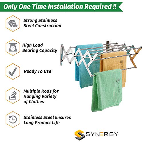 Synergy - 9 Rods - Premium Heavy Duty Stainless Steel Clothes Drying Stand Wall Mounted | Cloth Hanging Stand | Clothes Drying Stand for Balcony | Foldable Cloth Hanger for Drying [SY-CS6] - Image 2