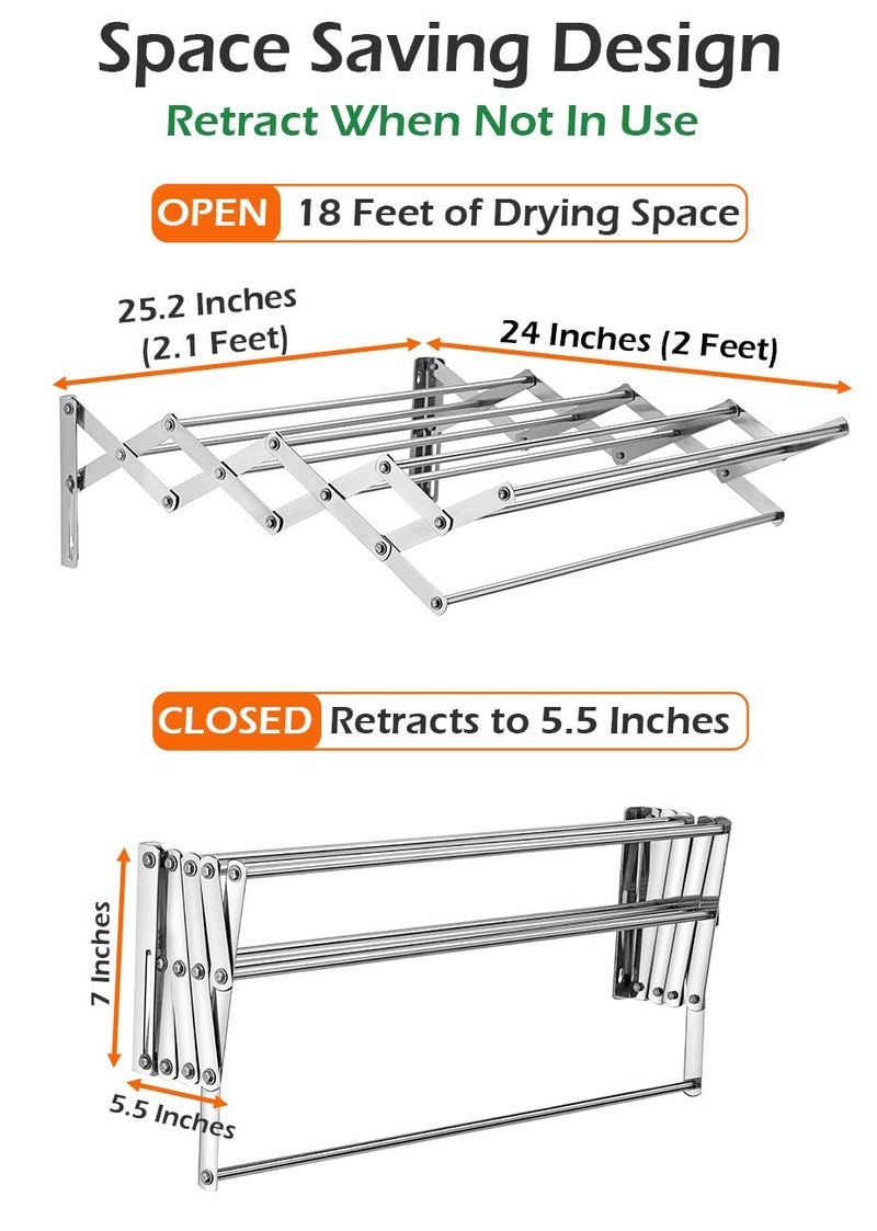 Synergy - 9 Rods - Premium Heavy Duty Stainless Steel Clothes Drying Stand Wall Mounted | Cloth Hanging Stand | Clothes Drying Stand for Balcony | Foldable Cloth Hanger for Drying [SY-CS6] - Image 3
