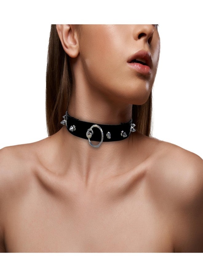eeoan Leather Spike Choker Goth Punk Neck Collar, Choker O-Ring Spike Rivets With Adjustable Locking Buckle for Women and Girls - Image 2