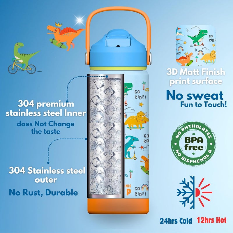 OCEANIC Boys Stainless Steel Water Bottle 550ml 18oz Double-Wall Vacuum Insulated 304 Stainless steel Water Bottle BPA FREE Leak Proof (Playful Dinos, 550ml) - Image 3