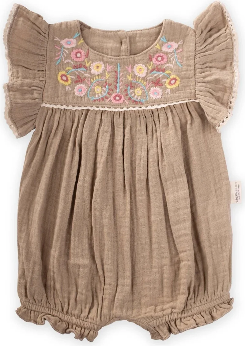 Cigit Flower Embroidered Lace Muslin Jumpsuit 0-3 Years Mink