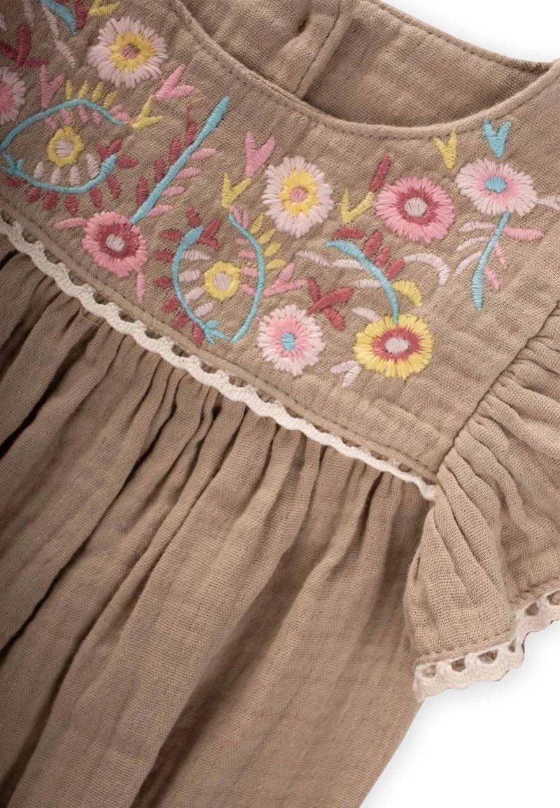 Cigit Flower Embroidered Lace Muslin Jumpsuit 0-3 Years Mink