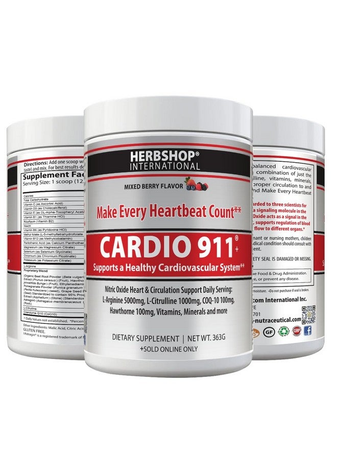 Cardio 911 مشروب كارديو 911، توت مختلط، L-أرجينين 5000 ملغ، L-سيترولين 1000 ملغ، فيتامينات B12، C، D3، جذر الشمندر، 30 حصة، دعم أكسيد النيتريك، دعم القلب والأوعية الدموية، ودعم الطاقة - Image 1