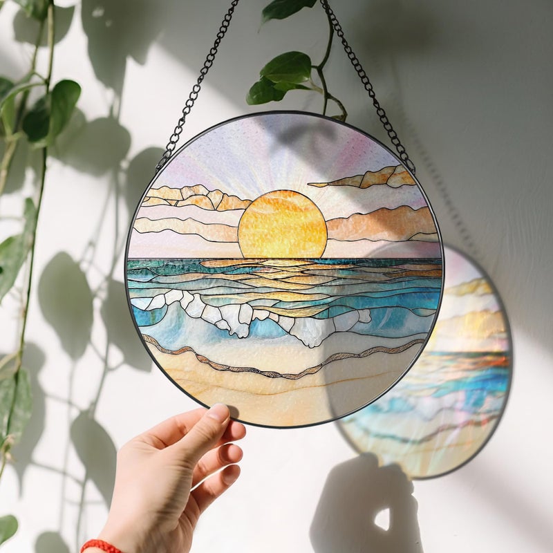 LAOWEIKI 8'' Ocean Sunset Suncatcher Ornament, Stained Glass Window Hanging, Suncatchers for Windows Hanging Ornaments, Window Decor | Beach Lover Gift, Summer Vibes Gift, Gifts for Friends, Famliy - Image 3