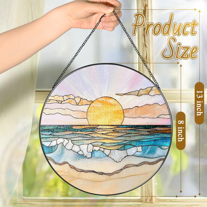 LAOWEIKI 8'' Ocean Sunset Suncatcher Ornament, Stained Glass Window Hanging, Suncatchers for Windows Hanging Ornaments, Window Decor | Beach Lover Gift, Summer Vibes Gift, Gifts for Friends, Famliy - Image 4