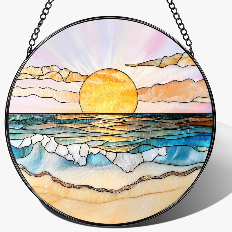 LAOWEIKI 8'' Ocean Sunset Suncatcher Ornament, Stained Glass Window Hanging, Suncatchers for Windows Hanging Ornaments, Window Decor | Beach Lover Gift, Summer Vibes Gift, Gifts for Friends, Famliy - Image 1