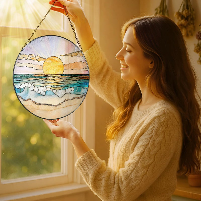 LAOWEIKI 8'' Ocean Sunset Suncatcher Ornament, Stained Glass Window Hanging, Suncatchers for Windows Hanging Ornaments, Window Decor | Beach Lover Gift, Summer Vibes Gift, Gifts for Friends, Famliy - Image 2
