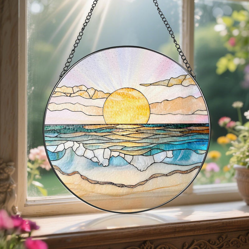 LAOWEIKI 8'' Ocean Sunset Suncatcher Ornament, Stained Glass Window Hanging, Suncatchers for Windows Hanging Ornaments, Window Decor | Beach Lover Gift, Summer Vibes Gift, Gifts for Friends, Famliy - Image 5