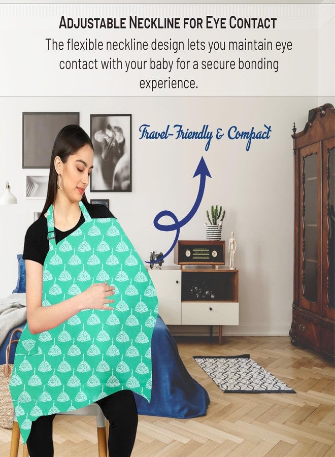 ZIKKU 100% Cotton Nursing Cover for Breastfeeding, Soft and Breathable, Feeding Apron/Cover for Nursing Moms, Lightweight and Comfortable Maternity Breastfeeding Cover with Mobile Pocket (Mint Green Color with Floral Design) - Image 4