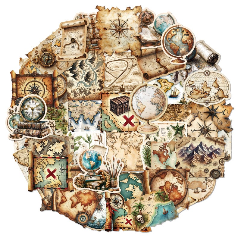 PRSTINCOL 100Pcs Vintage Sticker Pack,Cute Map Design Scrapbook Supplies, Vintage Aesthetic Junk Journal Accessories, Waterproof Vinyl Stickers for Water Bottles, Planners, Journals - Image 1