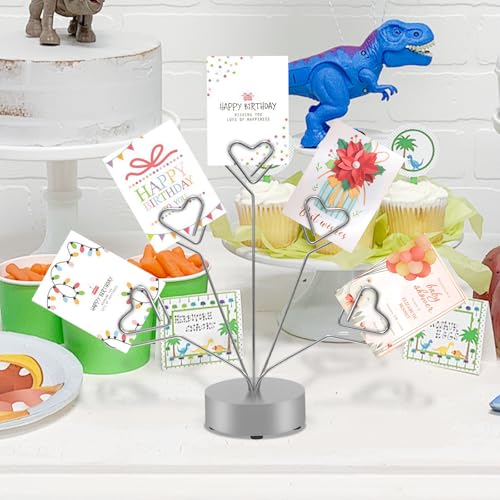 FaitAtten Desktop Heart-Shaped Photo Tree Style Holders Round Base,5-Branch Family Picture Frame Clips Holder Desk Card Display Stand for Christmas,Wedding, Birthday Party,Gift Silver - Image 3