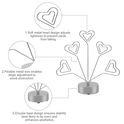 FaitAtten Desktop Heart-Shaped Photo Tree Style Holders Round Base,5-Branch Family Picture Frame Clips Holder Desk Card Display Stand for Christmas,Wedding, Birthday Party,Gift Silver - Image 4