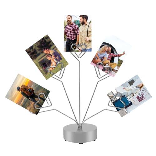 FaitAtten Desktop Heart-Shaped Photo Tree Style Holders Round Base,5-Branch Family Picture Frame Clips Holder Desk Card Display Stand for Christmas,Wedding, Birthday Party,Gift Silver - Image 1