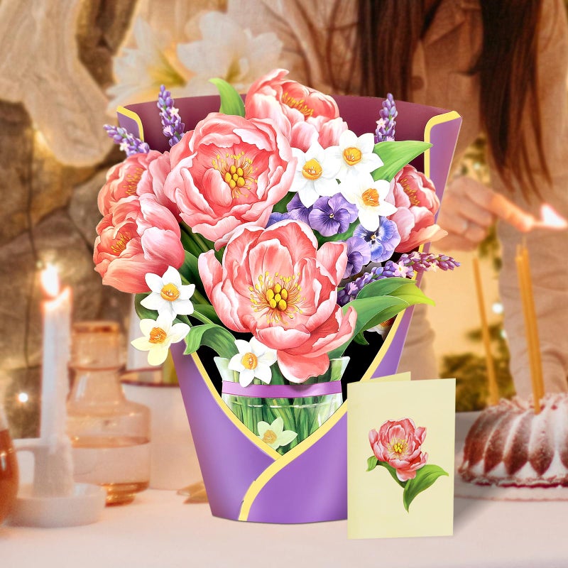 Airpark Pop Up Flower Cards, 3D Paper Flowers Bouquet Birthday Card 12â€™â€˜ with Blank Note and Envelope, Get Well Greeting, Anniverary, Easter Gifts Cards for Women Mom Friends, Peony Paradise - Image 5