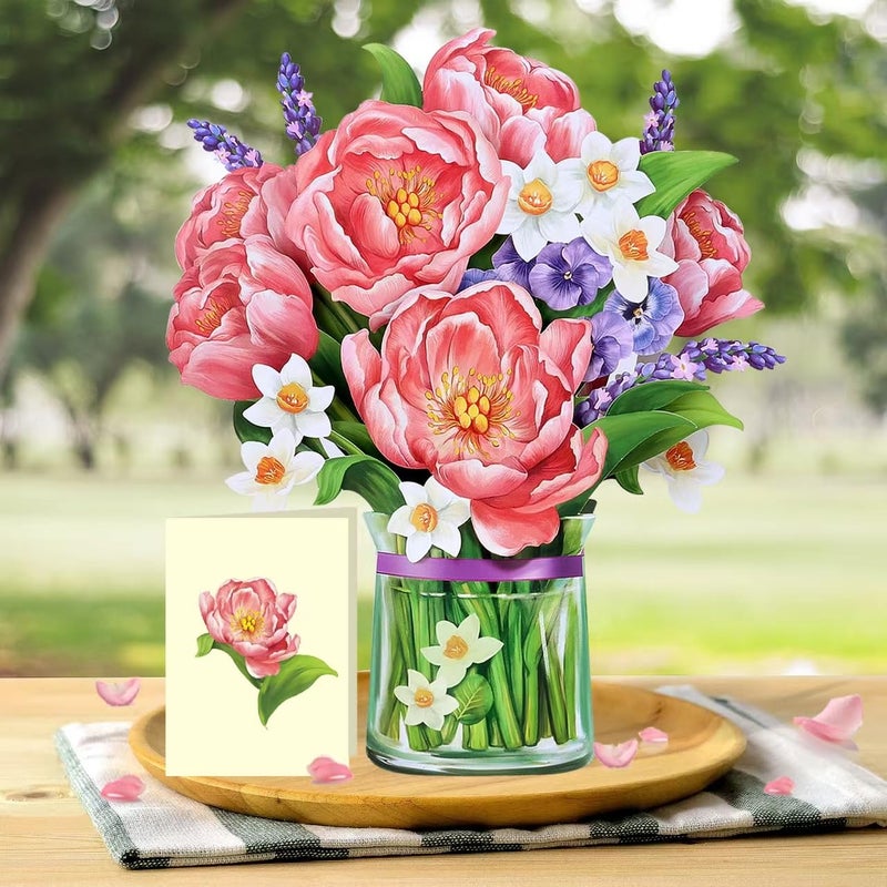 Airpark Pop Up Flower Cards, 3D Paper Flowers Bouquet Birthday Card 12â€™â€˜ with Blank Note and Envelope, Get Well Greeting, Anniverary, Easter Gifts Cards for Women Mom Friends, Peony Paradise - Image 2