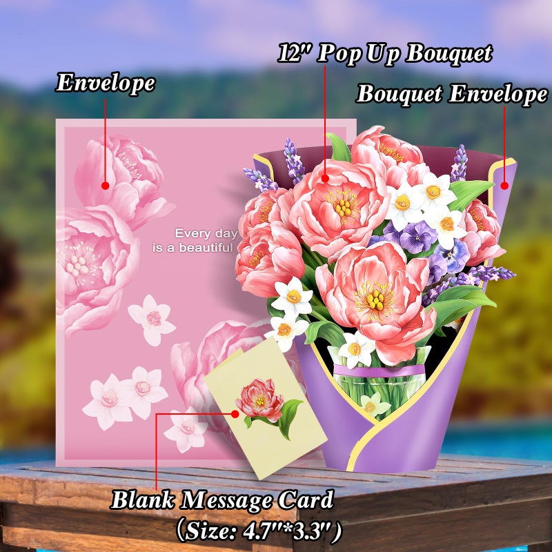Airpark Pop Up Flower Cards, 3D Paper Flowers Bouquet Birthday Card 12â€™â€˜ with Blank Note and Envelope, Get Well Greeting, Anniverary, Easter Gifts Cards for Women Mom Friends, Peony Paradise - Image 4