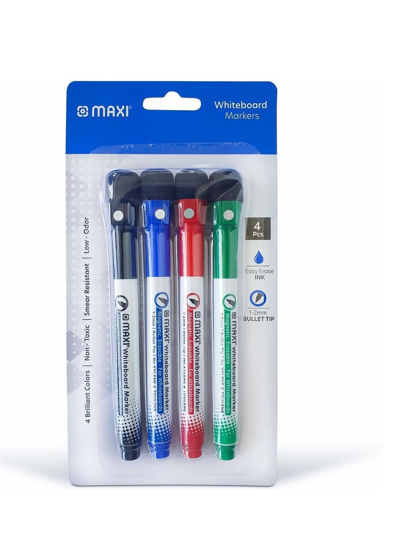 Maxi Slim Magnetic Whiteboard Marker with Eraser 1-2mm 4pc (Blue,Black,Red and Green), Magnetic Color Pens for Whiteboard. or Home, Office and School - Image 1