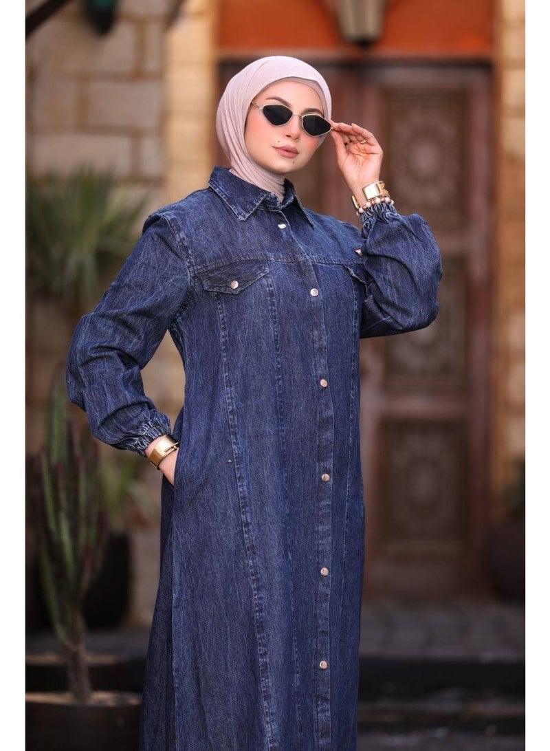 عباية حريمي جينز ليكرا مستوردة – خامة فاخرة مرنة ومريحة بتصميم عصري وأنيق للمحجبات - Image 3