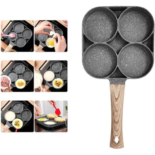 Rexez Non Stick Egg Frying pan 4 Hole for Omelet uttapam,idli Burger Poached Egg Multi-Purpose Kitchen Breakfast Aluminium Frying pan with Detachable Wooden Handle - Image 5