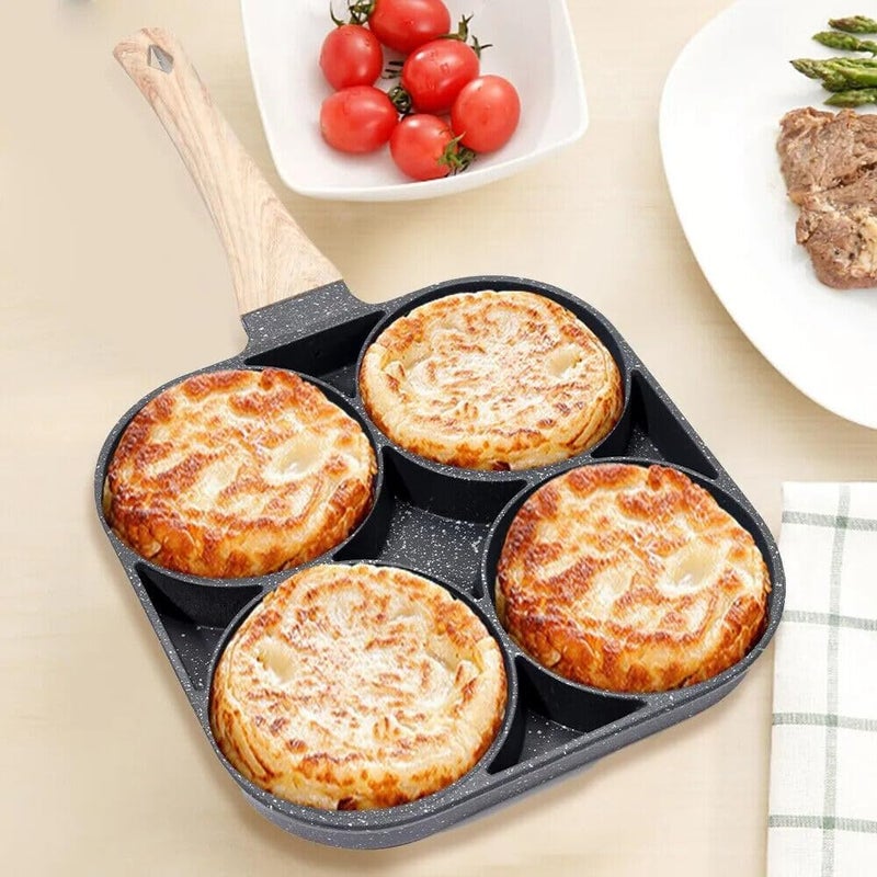 Rexez Non Stick Egg Frying pan 4 Hole for Omelet uttapam,idli Burger Poached Egg Multi-Purpose Kitchen Breakfast Aluminium Frying pan with Detachable Wooden Handle - Image 4