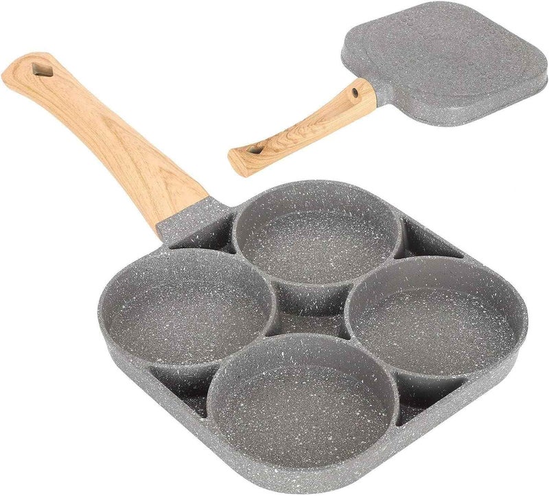 Rexez Non Stick Egg Frying pan 4 Hole for Omelet uttapam,idli Burger Poached Egg Multi-Purpose Kitchen Breakfast Aluminium Frying pan with Detachable Wooden Handle - Image 1